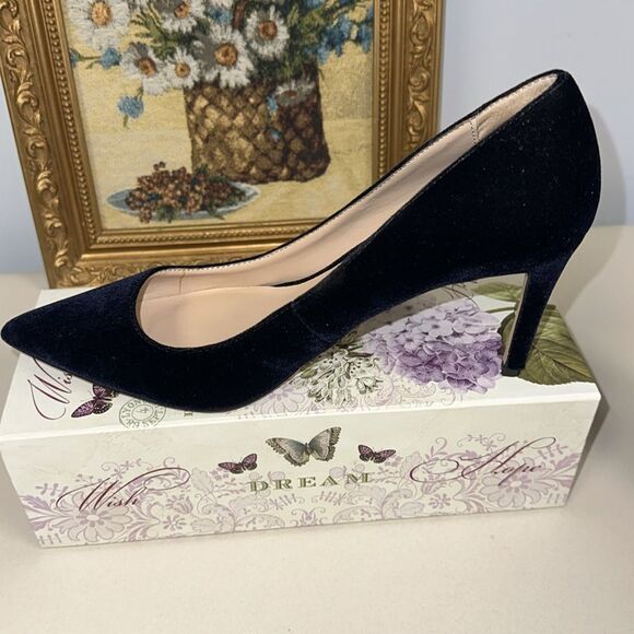 Mango 8-8.5 Midnight Navy Blue Velvet Pumps Stilettos Pointy Toe Heels - Picture 8 of 12